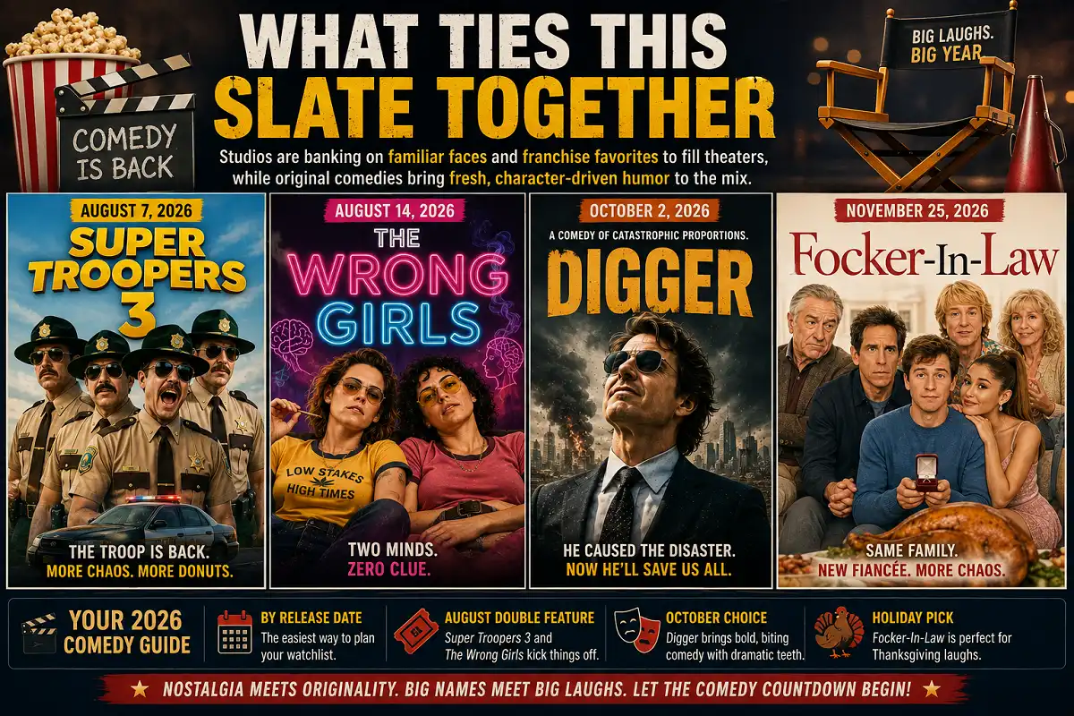 Comedy movie infographic featuring 2026 releases and watchlist guide