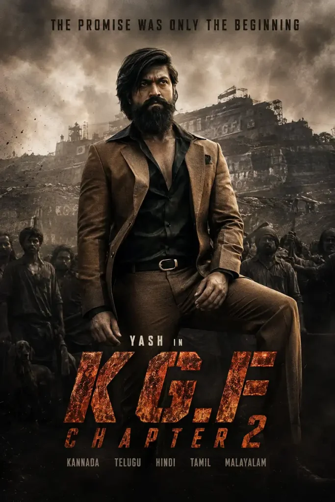 KGF Chapter 2 poster featuring Yash in a gritty gold mine setting