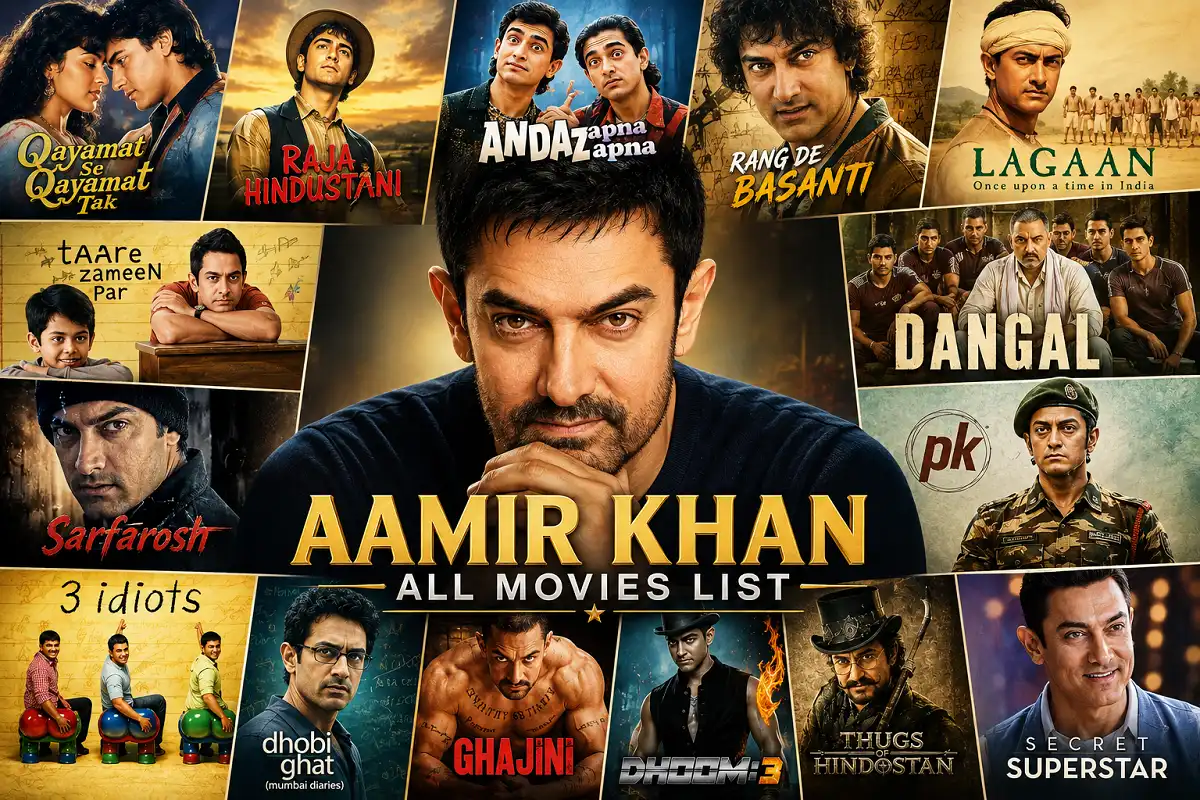 Aamir Khan All Movies List collage featuring his hero portrait and movie posters
