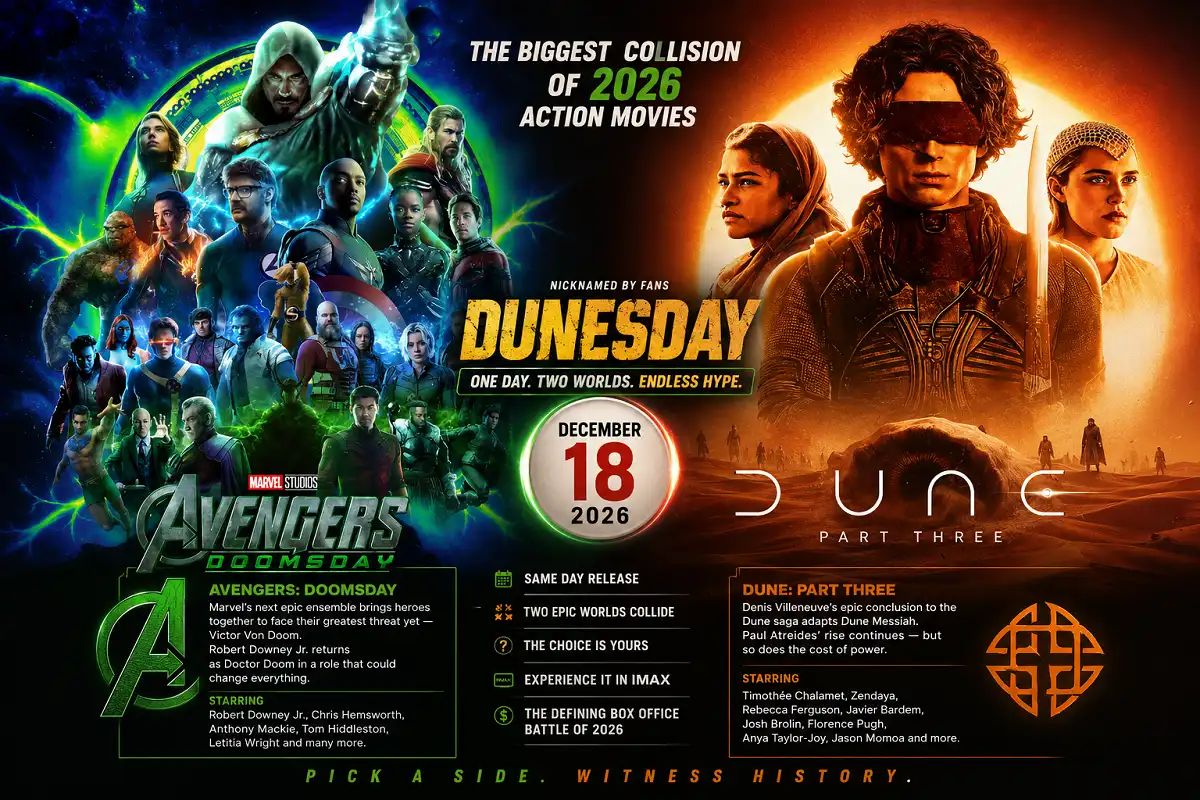 A cinematic infographic comparing Avengers: Doomsday and Dune: Part Three, highlighting the December 18, 2026 "Dunesday" box office clash with promotional artwork and key film details.