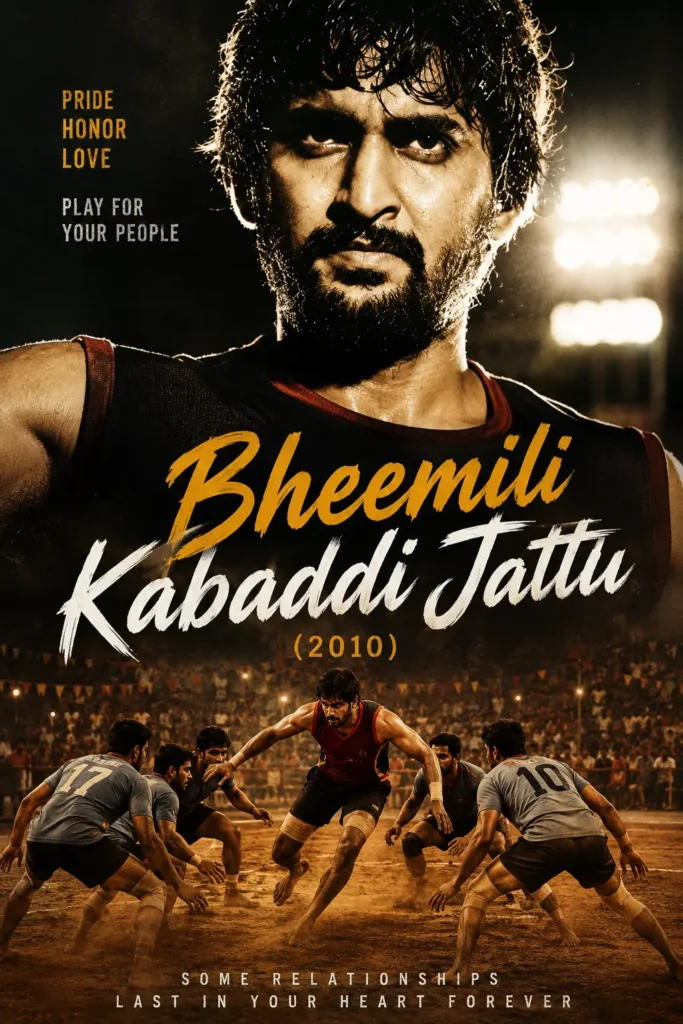 Original copyright-free inspired poster for Bheemili Kabaddi Jattu (2010), featuring a dramatic kabaddi player portrait, dusty match arena, competing players, and warm cinematic lighting.
