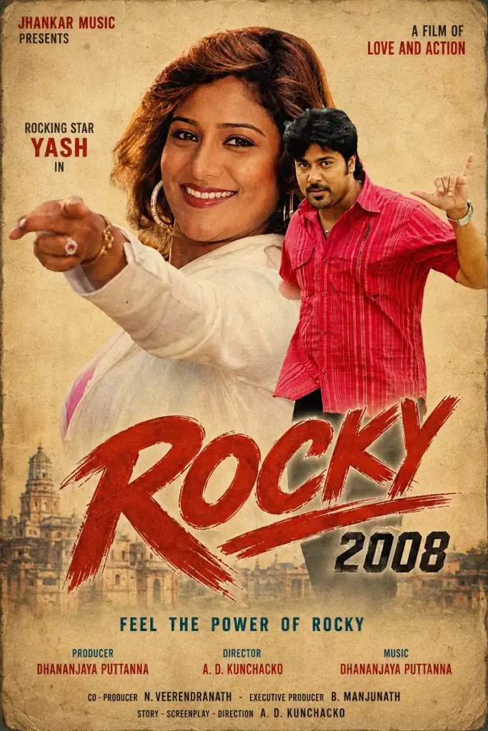 Vintage Rocky 2008 movie poster with two lead characters and retro typography