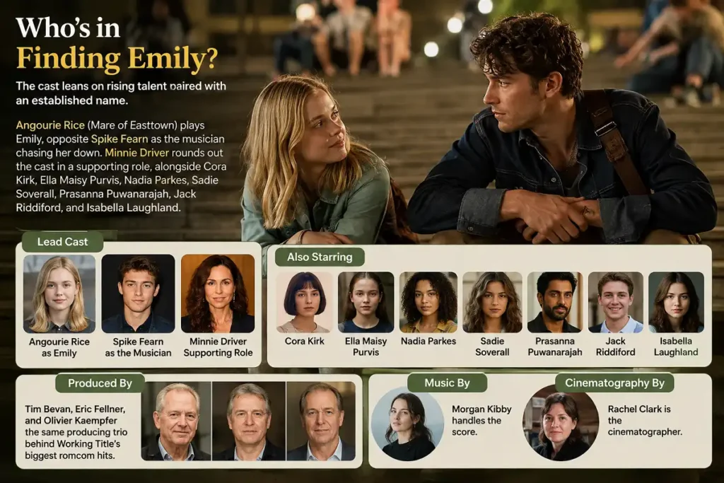 Infographic with romantic film scene and Finding Emily cast and creative team highlights.