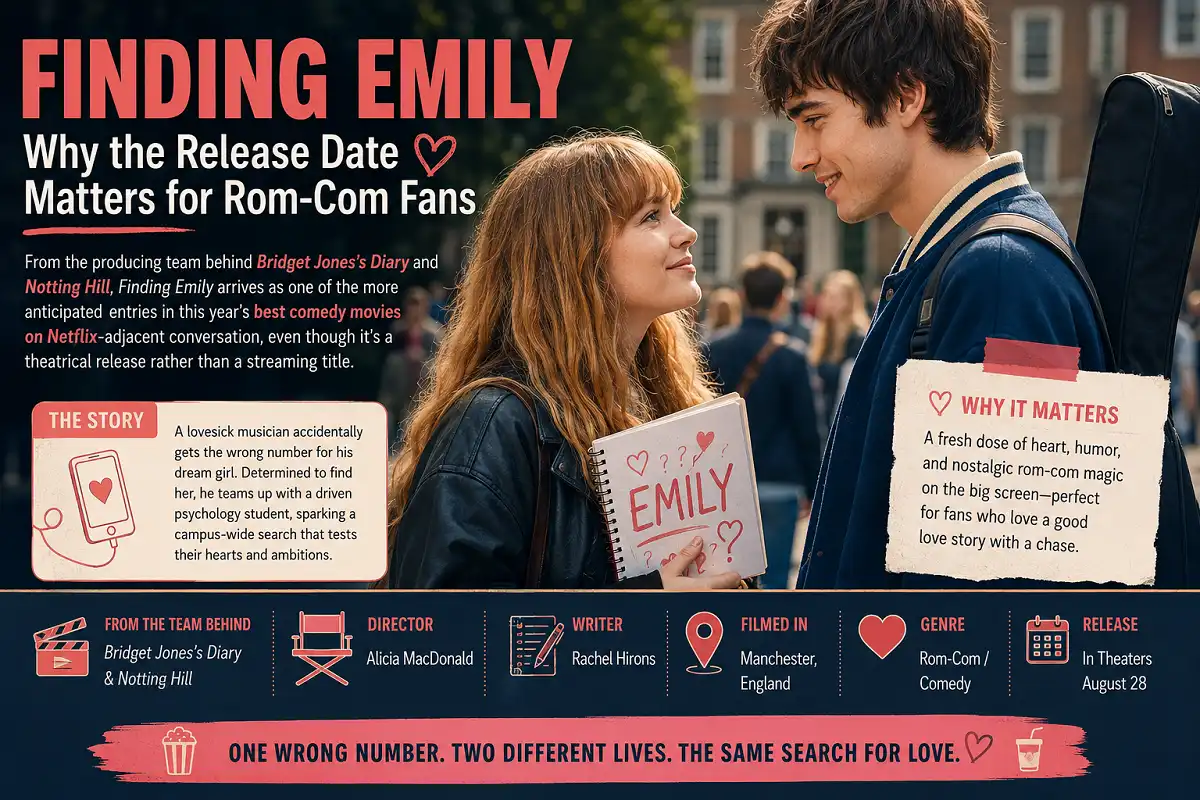 Finding Emily rom-com infographic with campus scene, release details, and story highlights.
