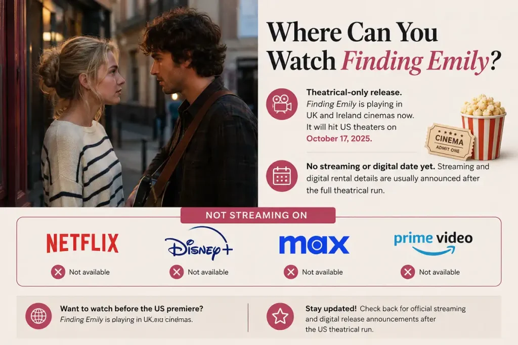 Finding Emily theatrical release infographic with cinema scene and streaming availability overview.