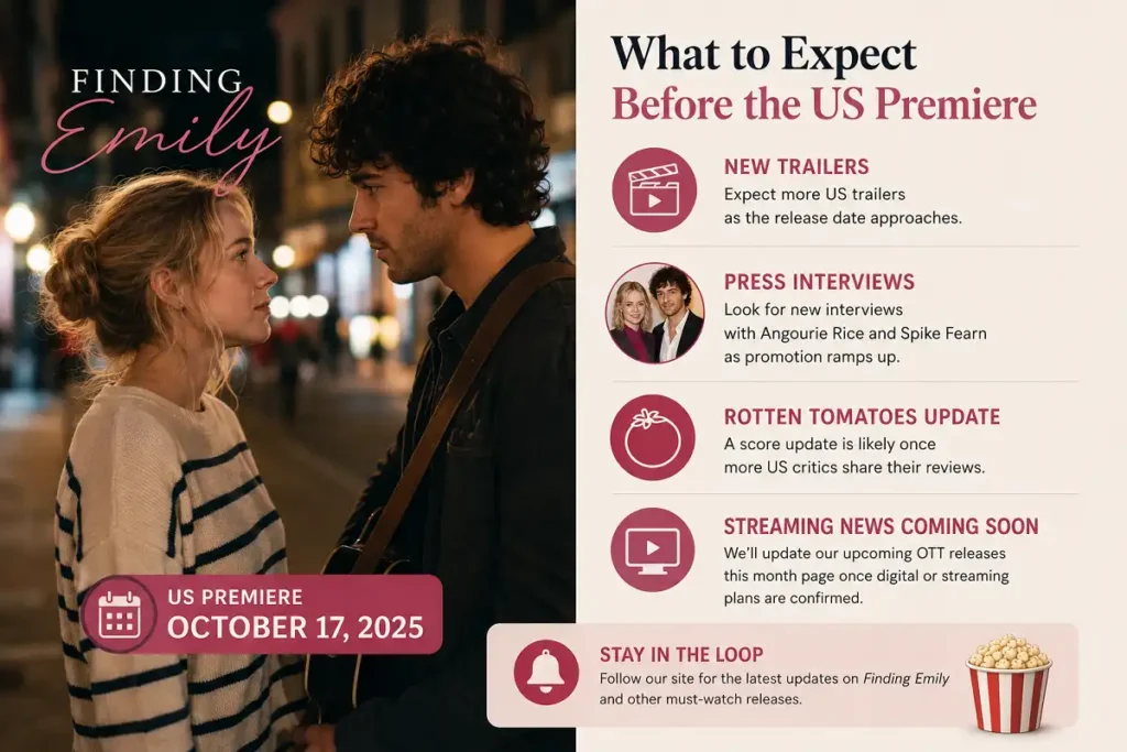 Finding Emily infographic showing US premiere updates, trailers, reviews, and streaming news.