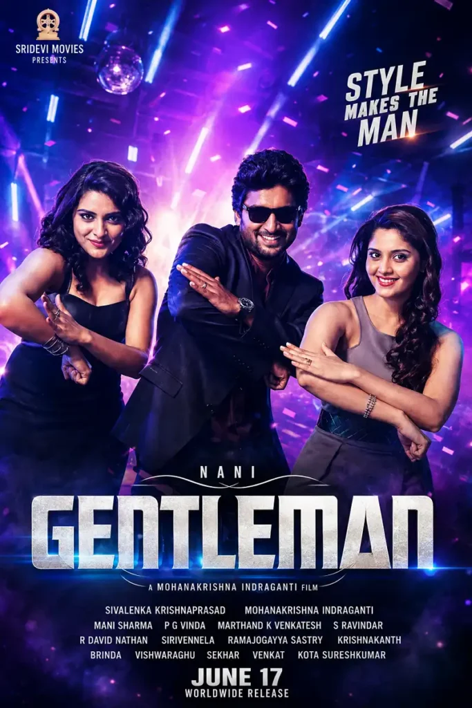 AI-generated Gentleman movie poster with three characters in a neon purple setting