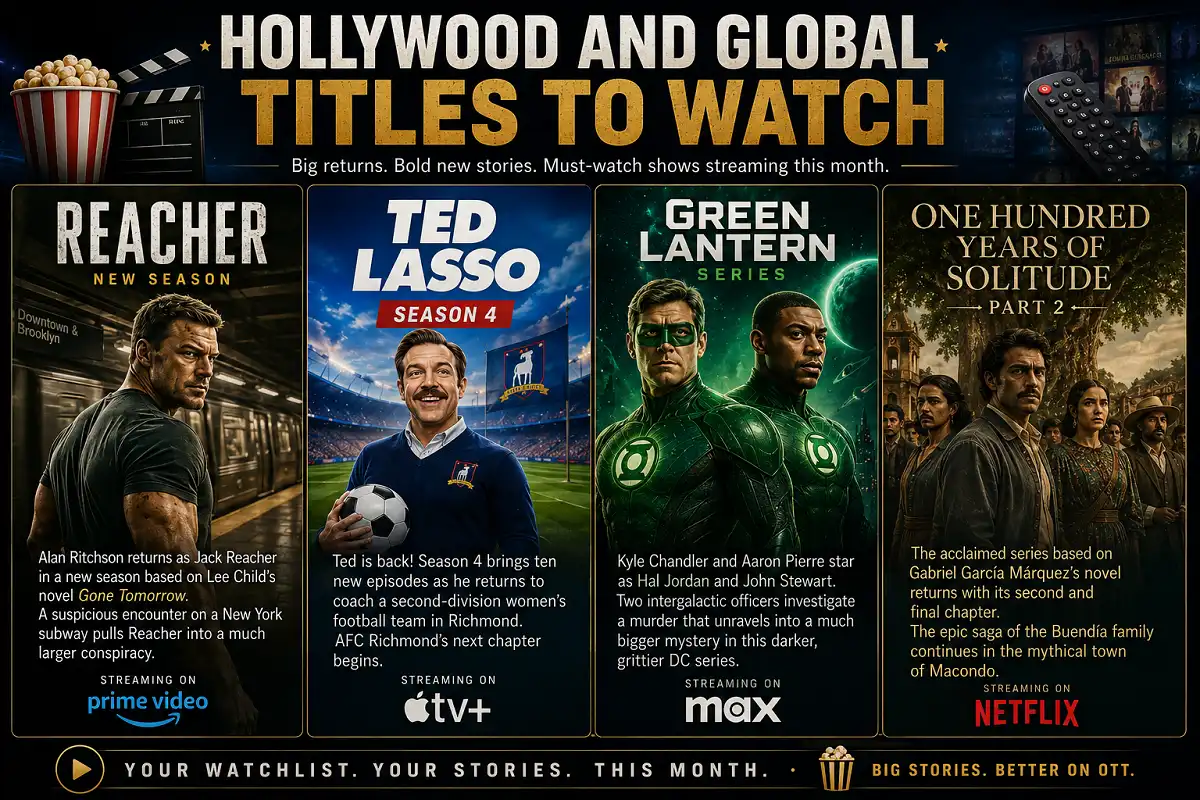 Infographic featuring top Hollywood and global OTT releases streaming this month