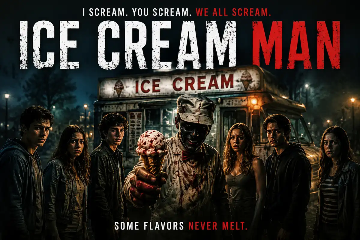 Ice Cream Man horror movie scene with the cast and ice cream truck