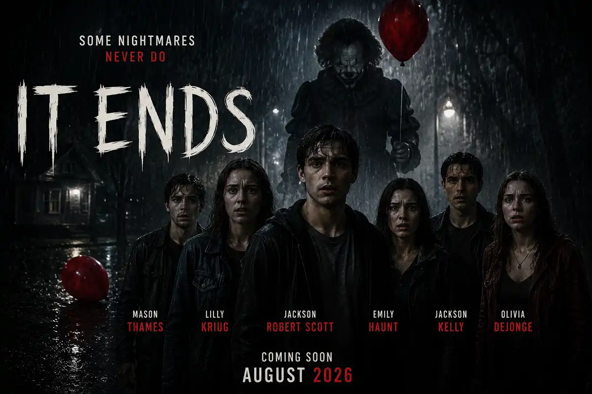 It Ends horror movie scene featuring the cast and a sinister clown