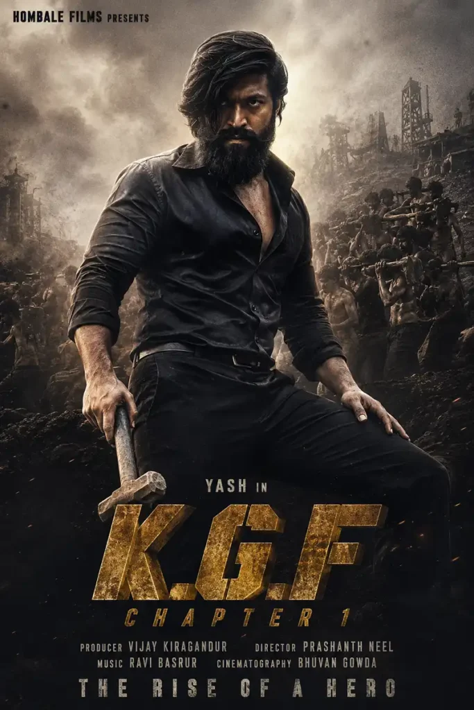 KGF Chapter 1 poster featuring a bearded hero in a smoky gold mining setting
