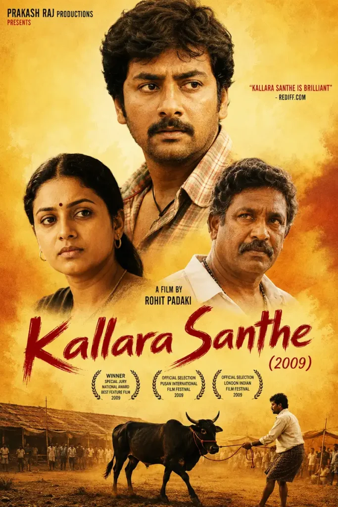 Kallara Santhe 2009 movie poster with three characters and a rural fair scene