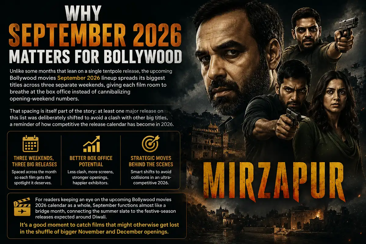 Mirzapur inspired movie poster and cast in a cinematic Bollywood infographic.