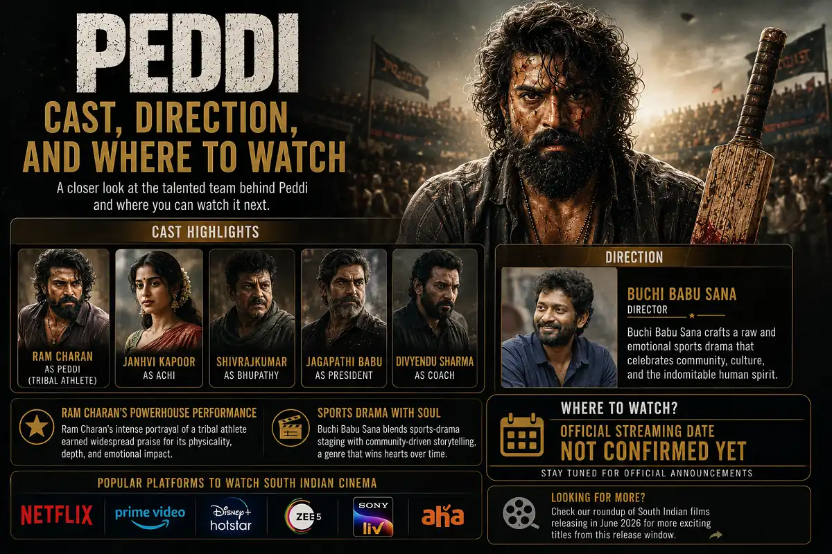 Peddi cast, director, and streaming status infographic with OTT platform logos