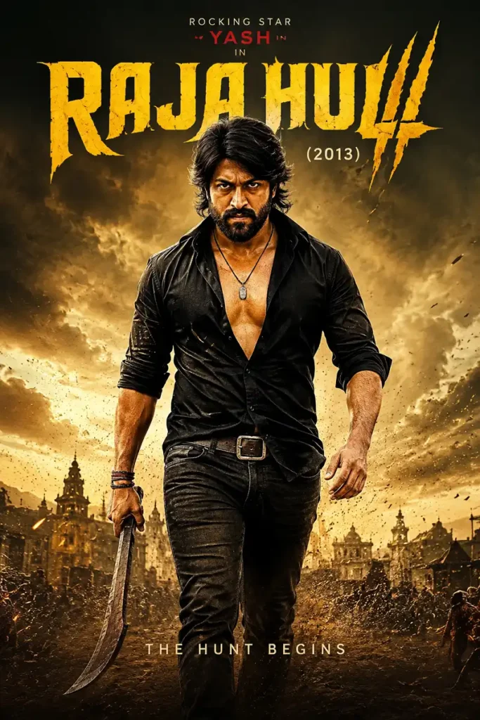 Raja Huli 2013 inspired cinematic poster featuring Yash as a rugged hero
