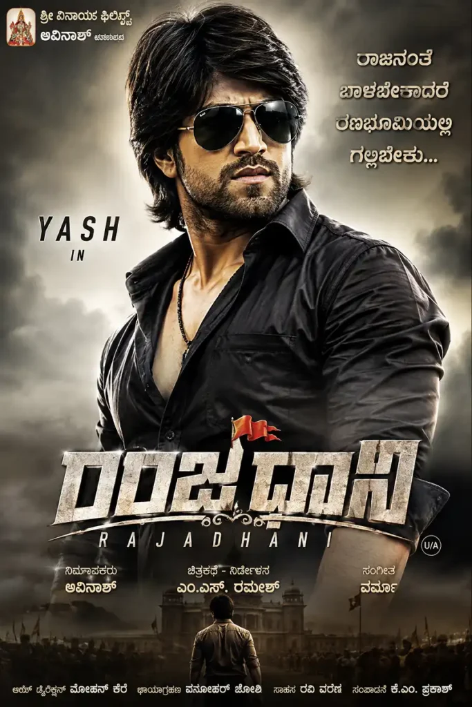 Rajadhani 2011 Kannada movie poster featuring Yash in a dramatic look