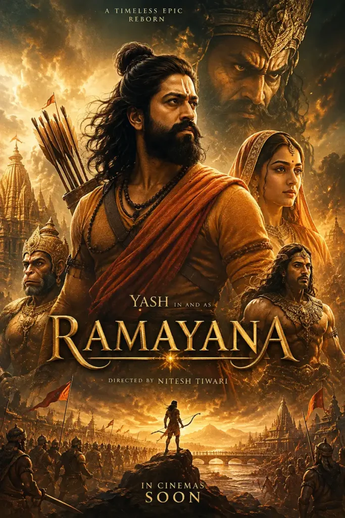 Ramayana movie poster featuring Yash as a warrior with mythological characters