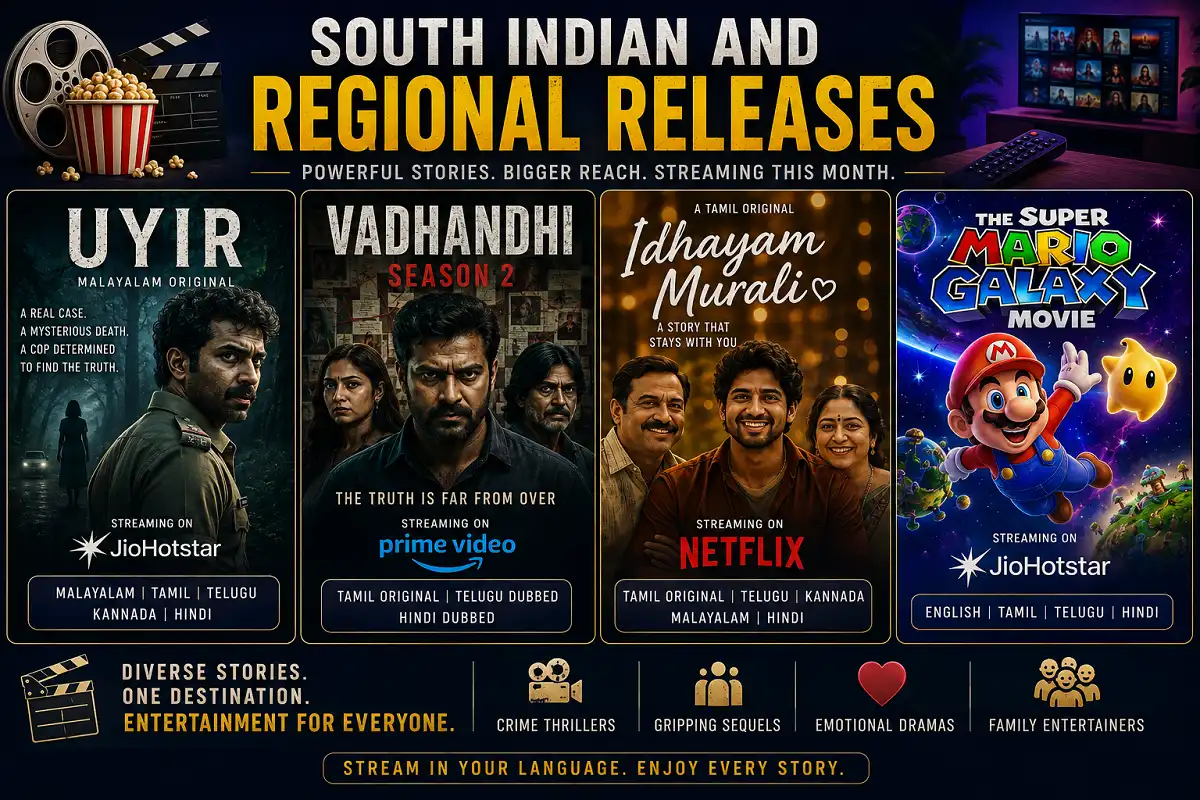 Infographic featuring South Indian and regional movies and series streaming this month