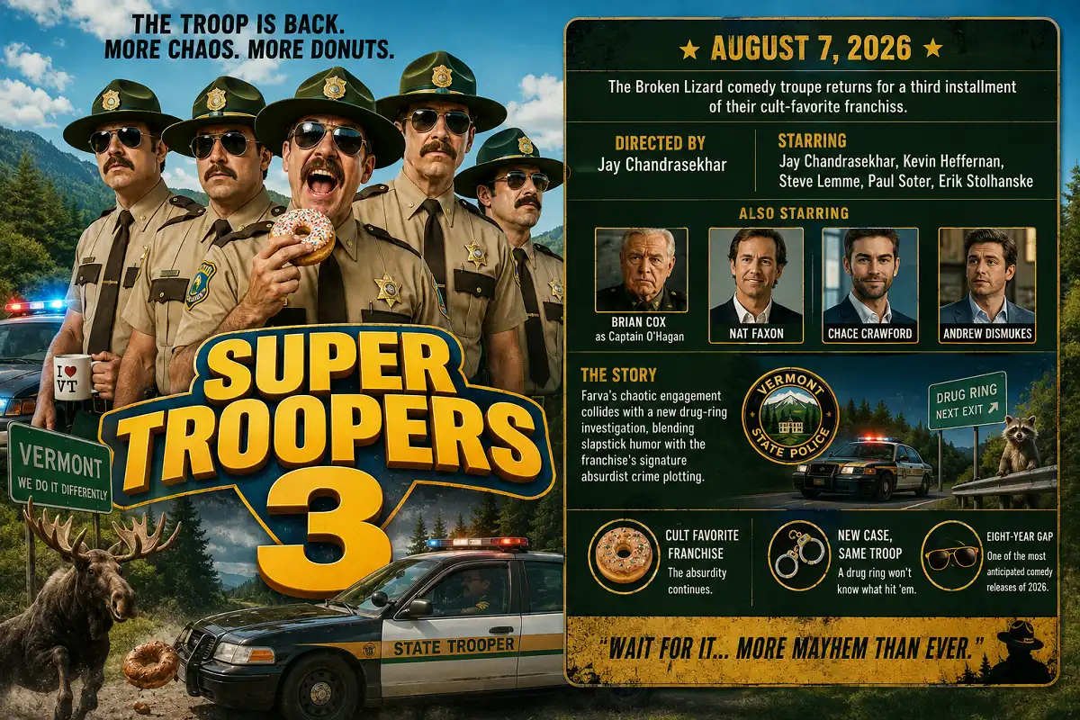 Comedy movie infographic featuring quirky troopers and new mission