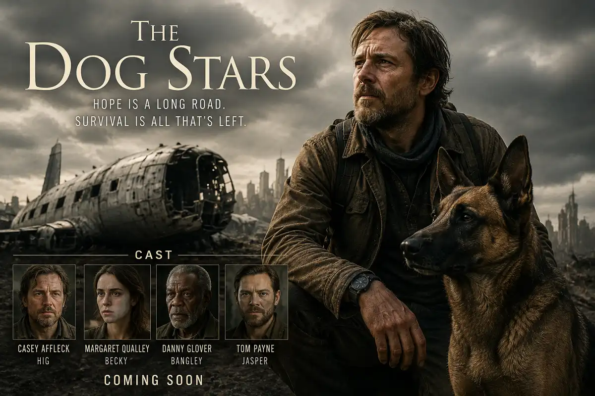 The Dog Stars cast with a dog in a post apocalyptic landscape
