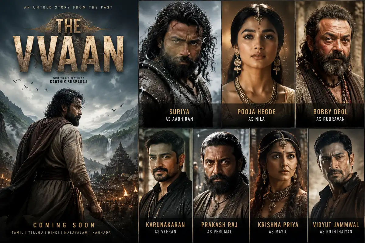 The Vvaan movie poster collage featuring the main cast and cinematic scenes