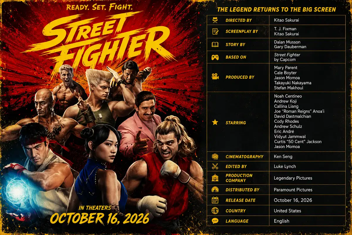 Copyright-free infographic for the 2026 Street Fighter movie featuring original fighter-inspired artwork and production details including cast, director, release date, and studio information.