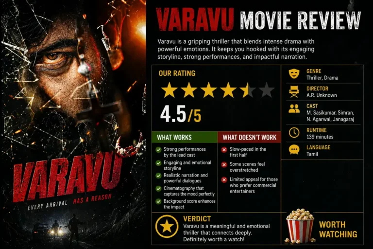 Varavu movie review infographic with a dramatic cinematic poster