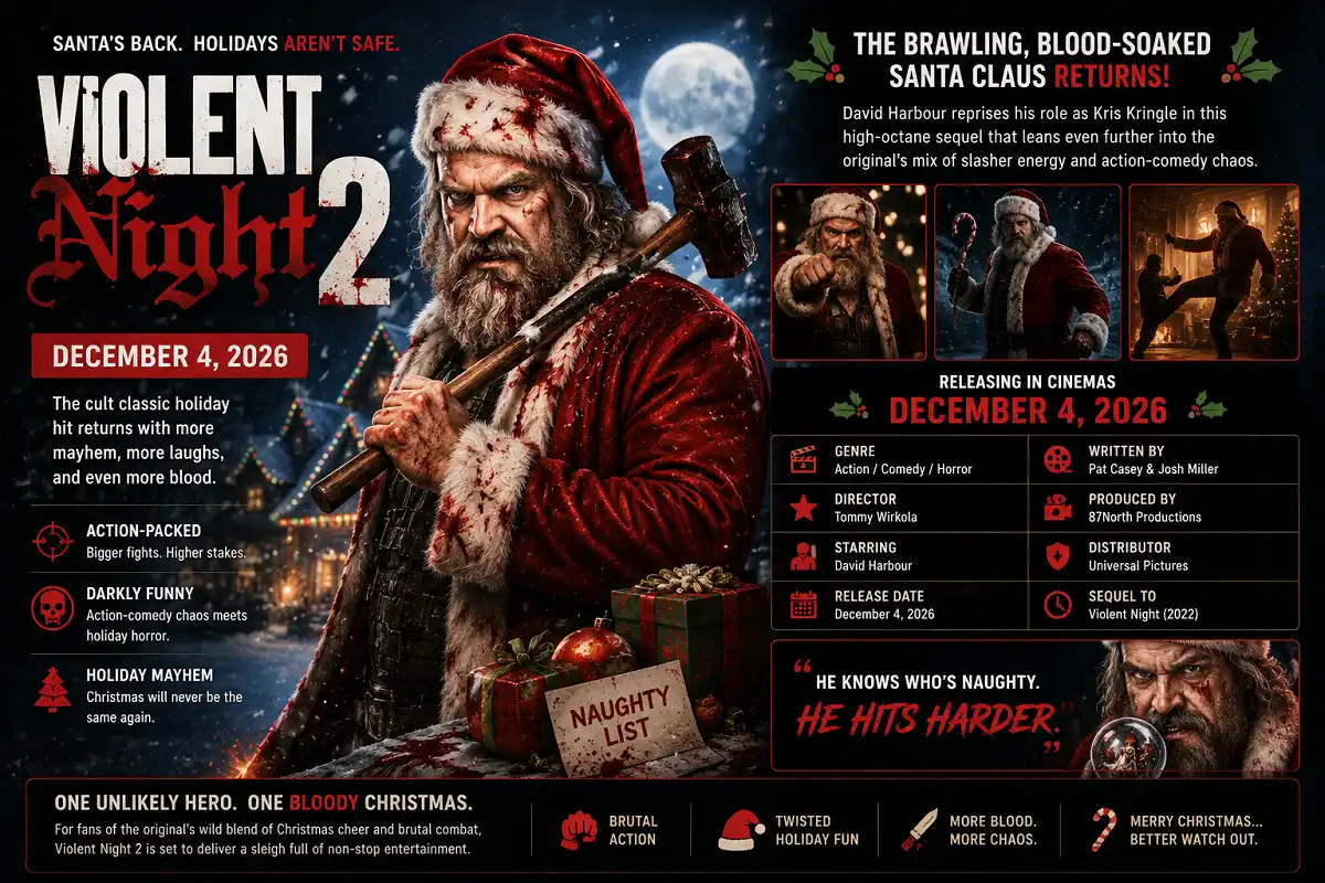 A infographic for Violent Night 2 featuring an original battle-worn Santa-inspired action hero in a snowy Christmas setting, highlighting the December 4, 2026 release, action-comedy horror theme, sequel overview, festive graphics, and cinematic holiday atmosphere.