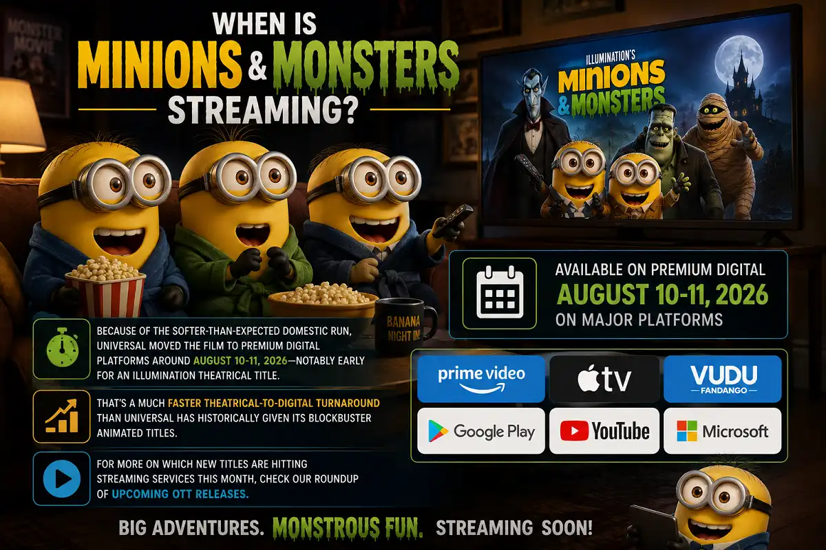 Minions and Monsters streaming infographic showing August 10 to 11 digital release.