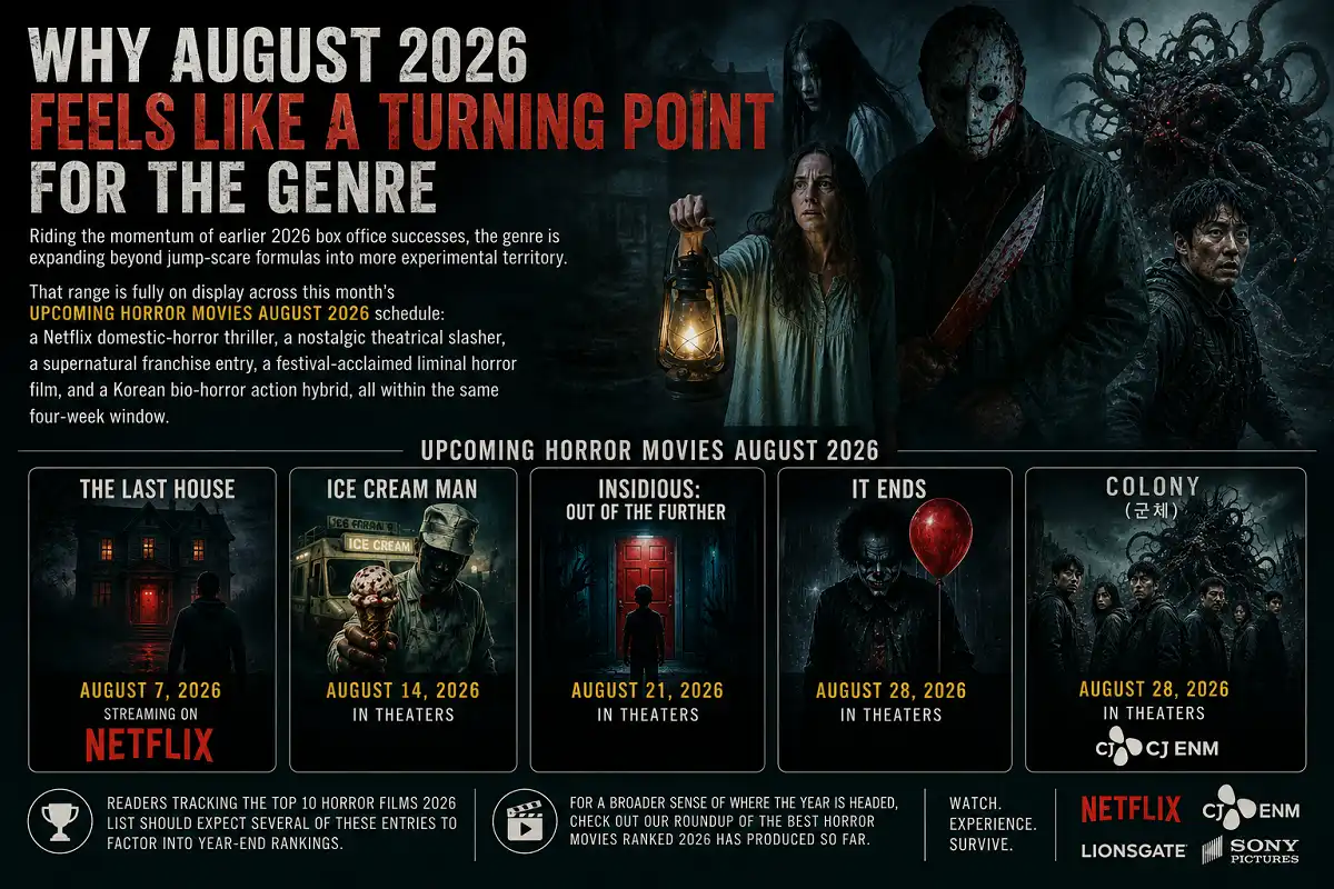 August 2026 horror movie infographic showing genre trends, films and streaming platforms