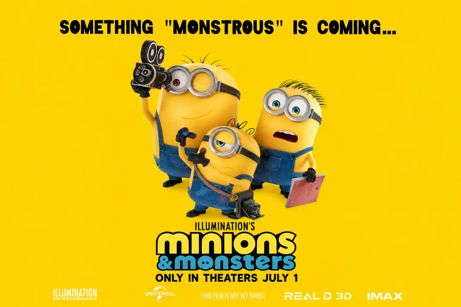 Minions & Monsters latest updates — animated poster-style art of a movie-star minion character on a 1920s Hollywood film set