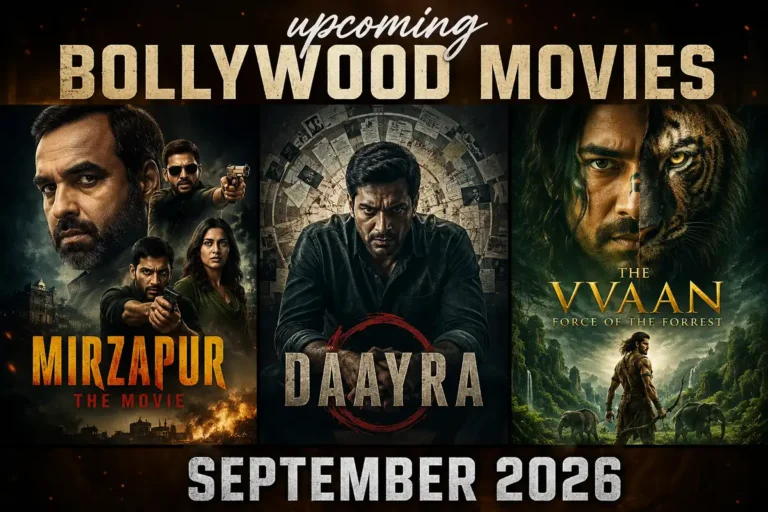 Editorial illustration representing upcoming Bollywood movies September 2026 releases including crime thriller and mythological fantasy themes