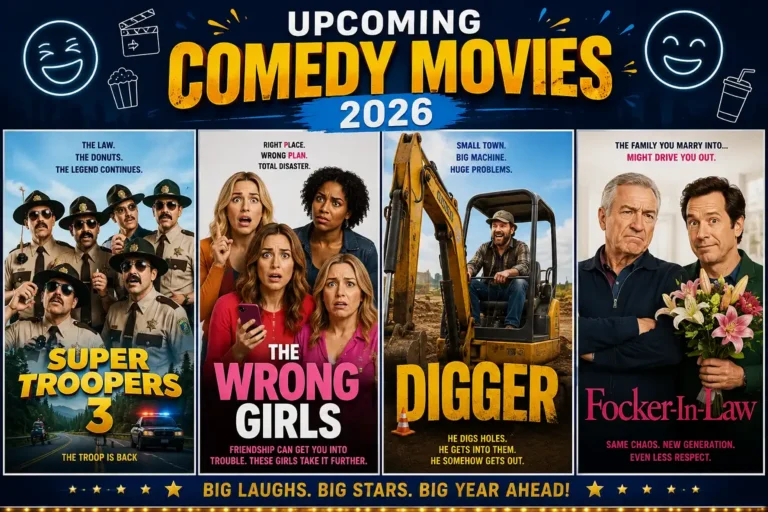 Colorful poster-style illustration representing upcoming comedy movies 2026