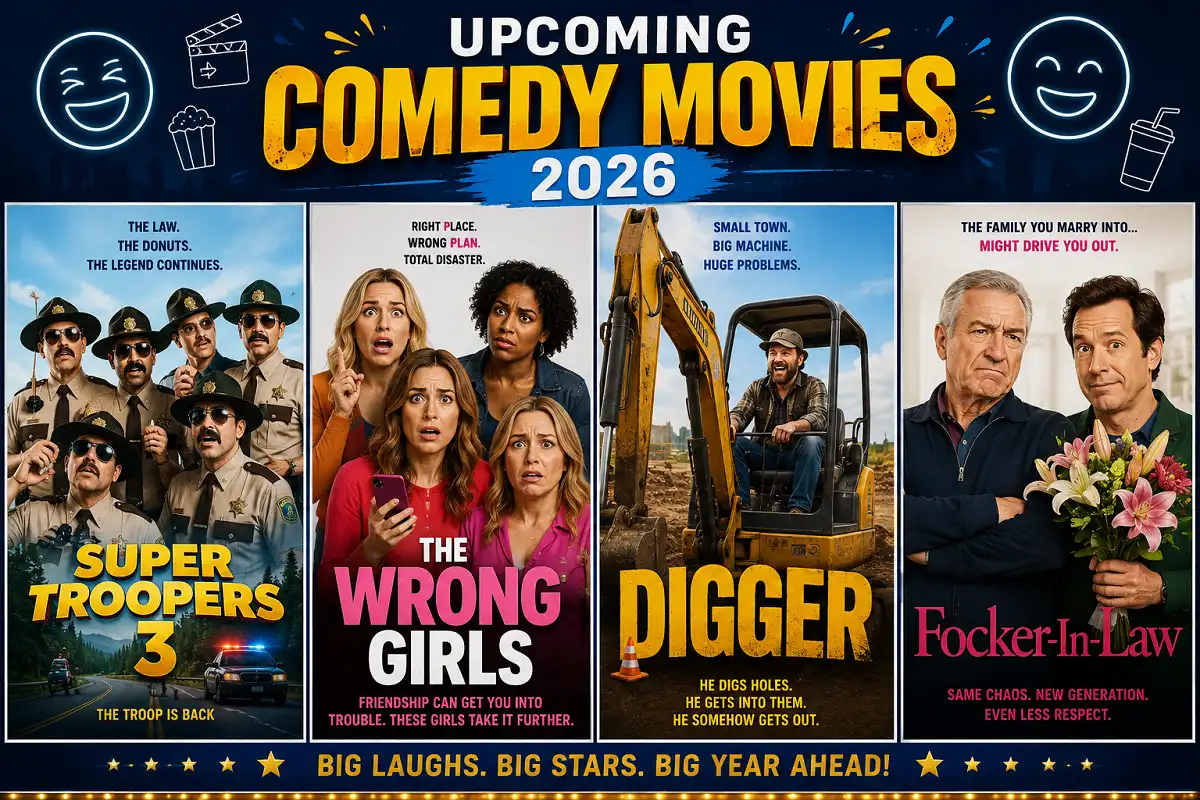 Colorful poster-style illustration representing upcoming comedy movies 2026