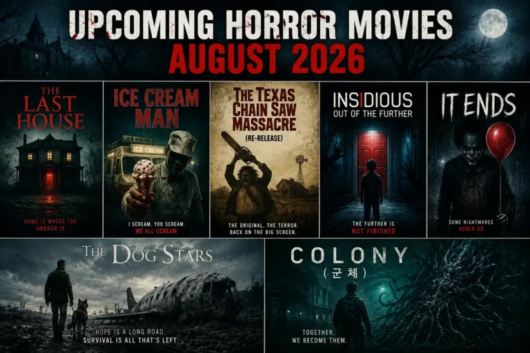 Illustration representing upcoming horror movies August 2026 (15), a shadowy figure trapped inside a sealed suburban house at dusk.