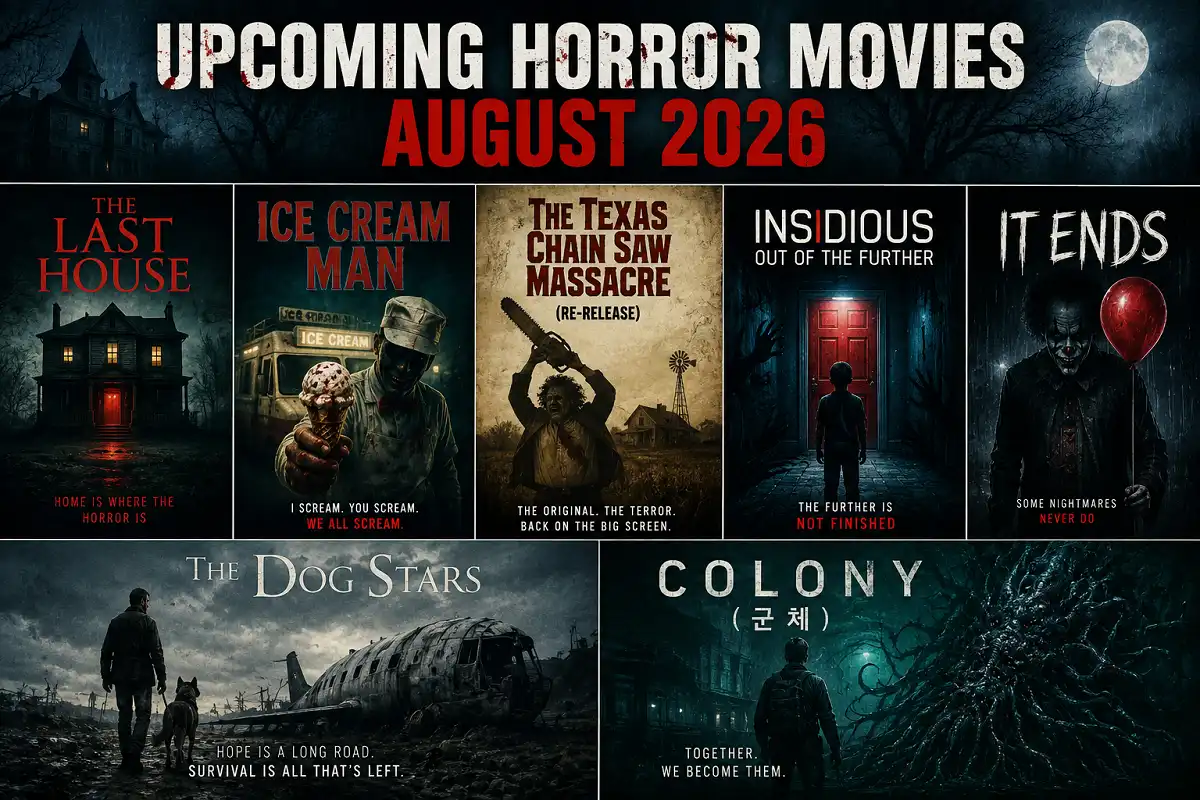 Illustration representing upcoming horror movies August 2026 (15), a shadowy figure trapped inside a sealed suburban house at dusk.