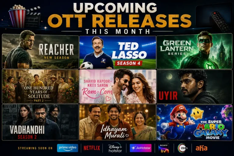 Family watching upcoming OTT releases this month on a glowing television at home